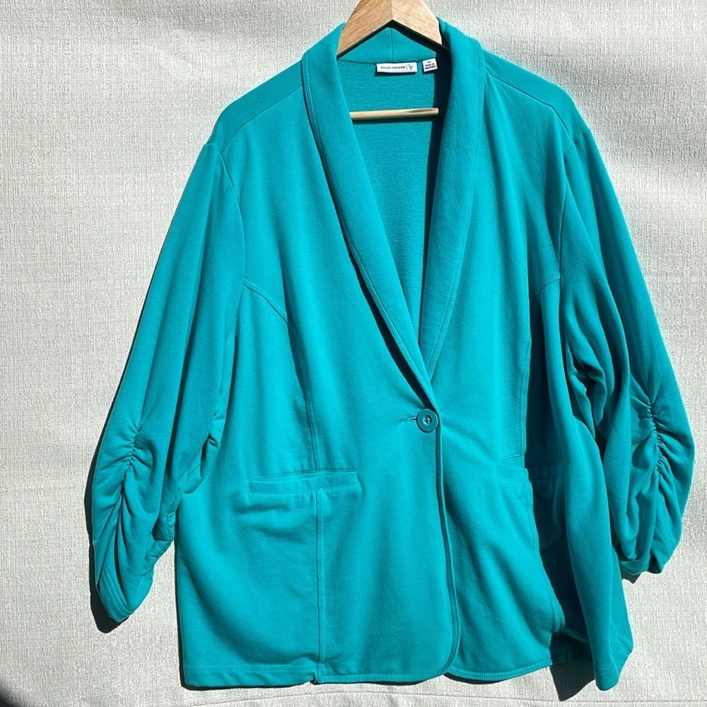 SUSAN GRAVER Turquoise Cotton Blend Jacket Ruched Long Sleeve Cinch Back Size 3X